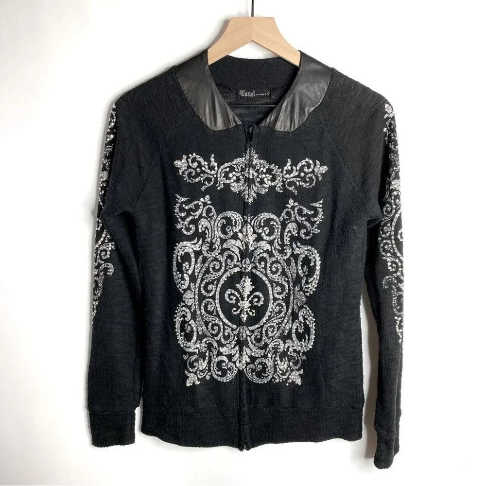 Vocal Black Rhinestone Embellished Zip Up Lightweight Cardigan Top Medium Y2K